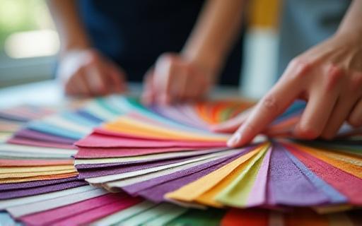 A colourful array of fabric swatch books fanned out for a client to choose from.