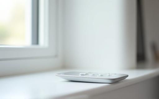 A sleek remote control for motorised blinds resting on a modern windowsill.